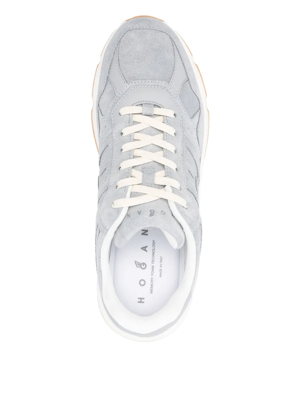 Light blue sneaker upper with lace closure and tongue label view