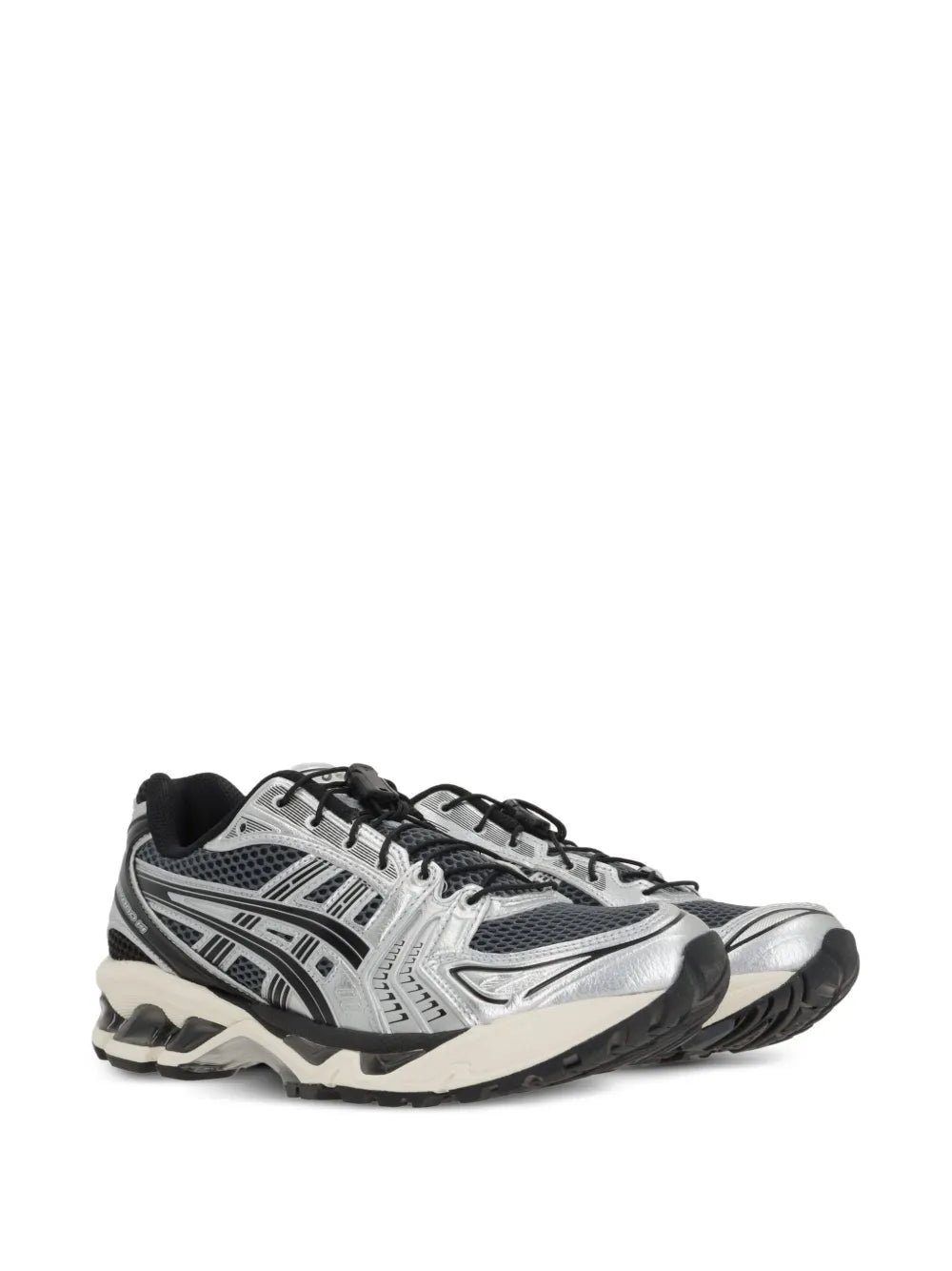 Grey and black running shoes, 3/4 side view, lace-up with thick outsole tread