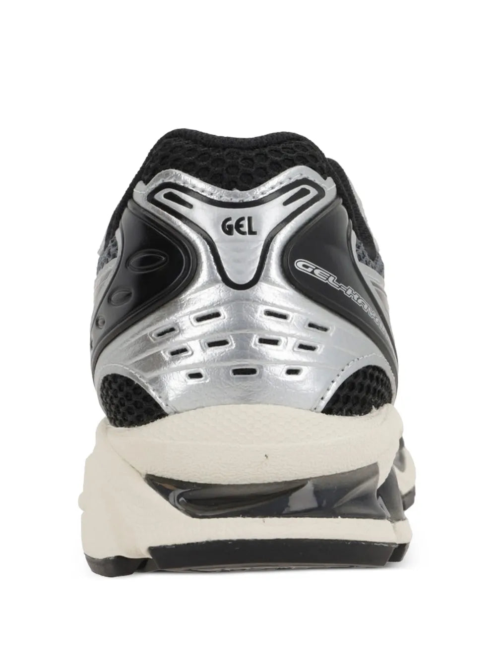 Grey and black running shoes with GEL logo on heel, textured rear and cushioned midsole