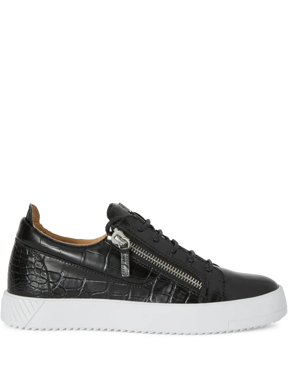 Black low-top sneakers with double zippers, croc-embossed leather, and white sole.