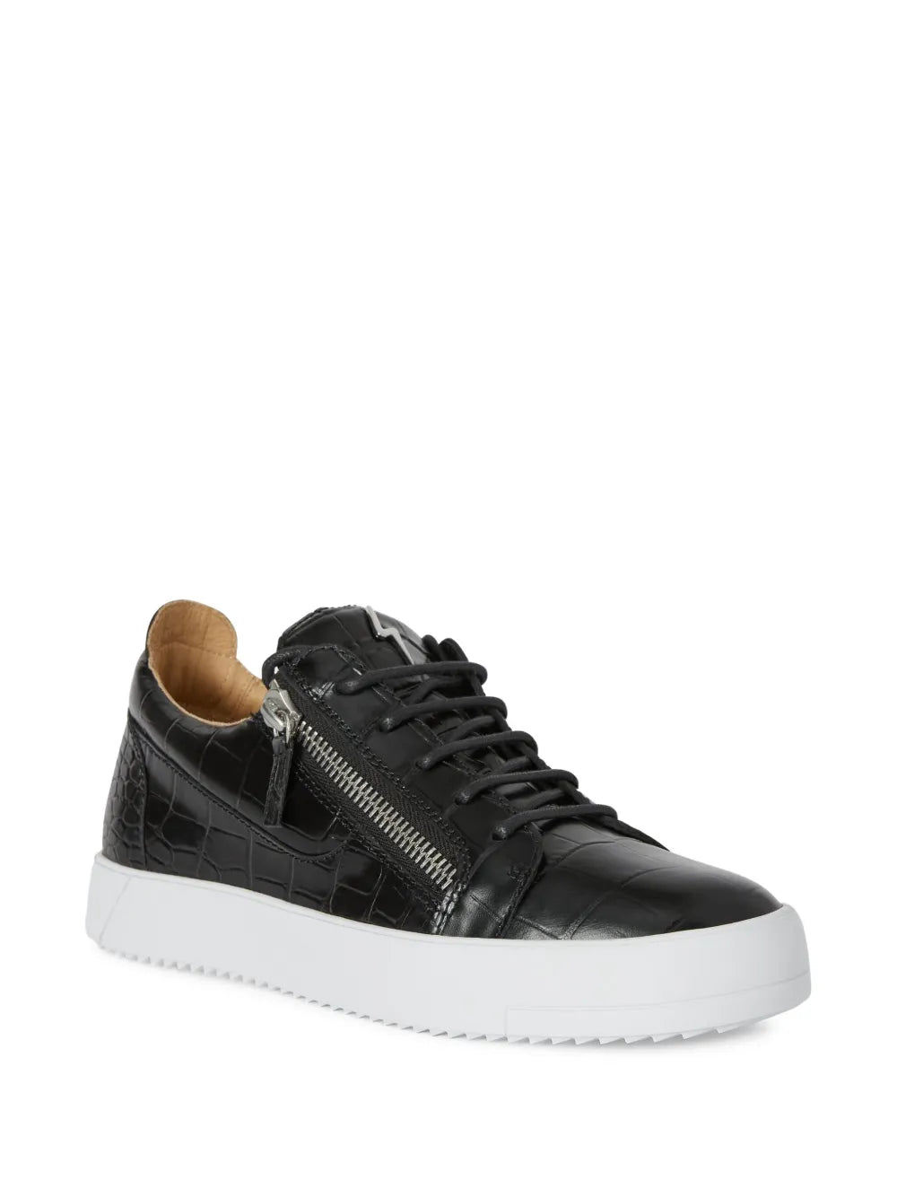 Black low-top sneakers with side double zipper, lace-up front, and white rubber sole.