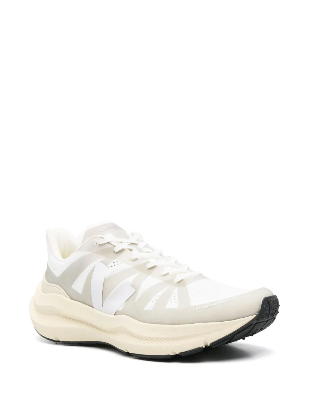 White lace-up running sneaker, side logo and beige midsole with black outsole