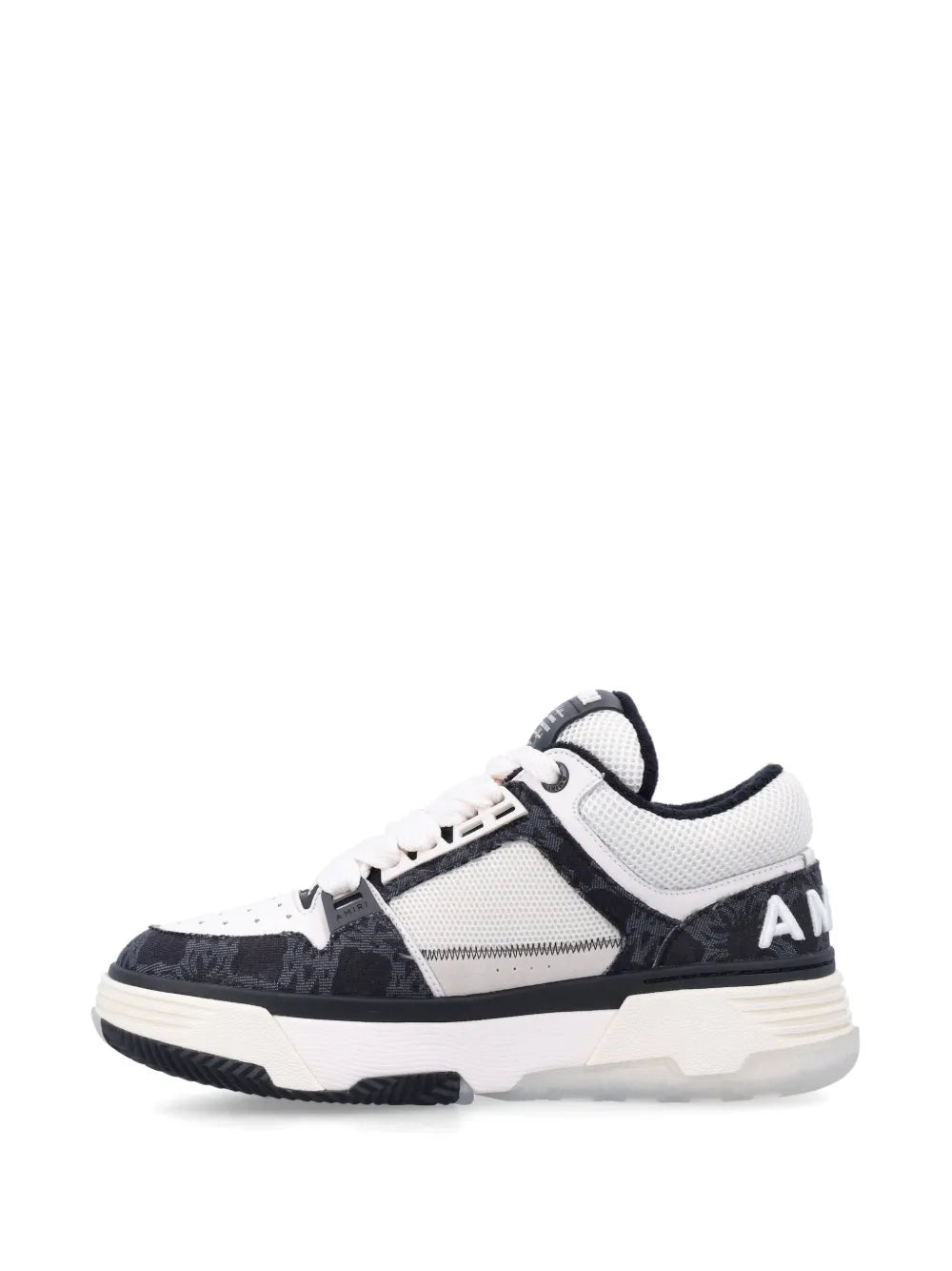 Low-top sneakers, front/side view, white uppers with black accents, lace-up and padded collar.