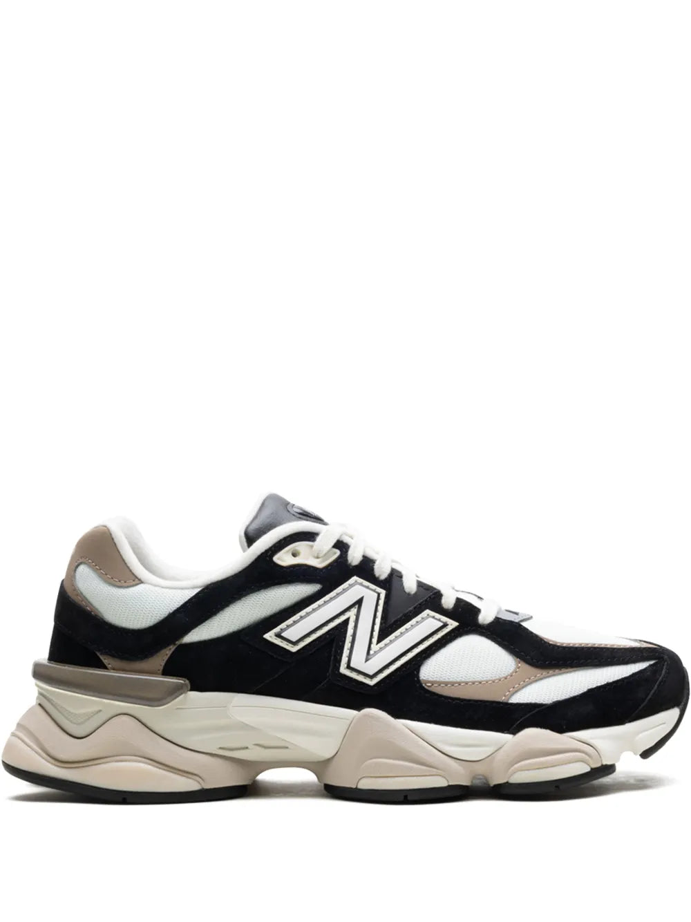 New Balance 9060 sneakers in black, white, and beige with lace-up design
