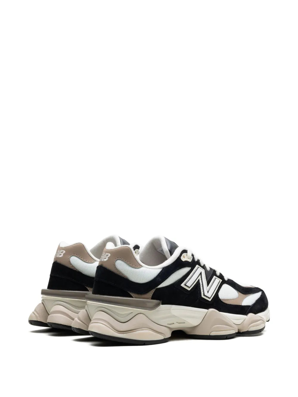 New Balance 9060 sneakers with bold N logo, black/white upper and beige heel
