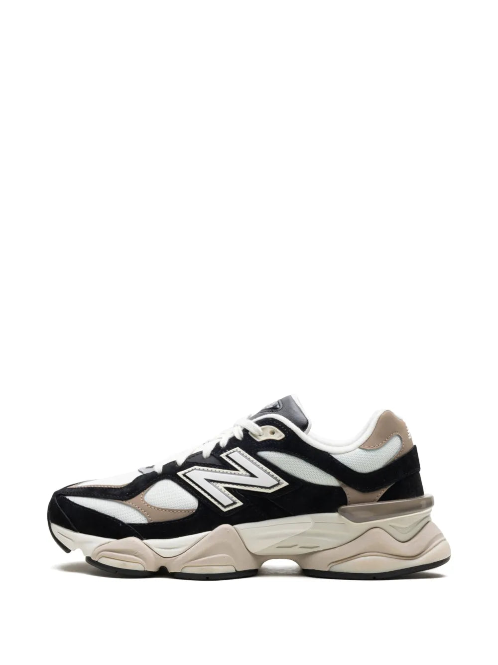 New Balance 9060 front 3/4 sneakers, black and white upper with beige accents