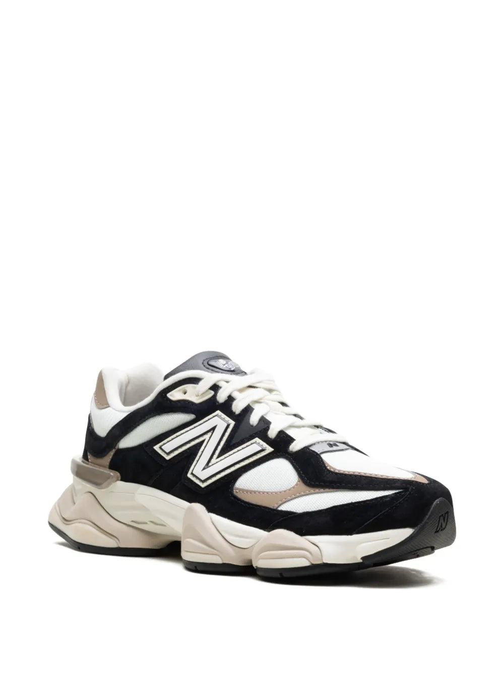 New Balance 9060 lace-up sneakers, black and white upper with beige midsole