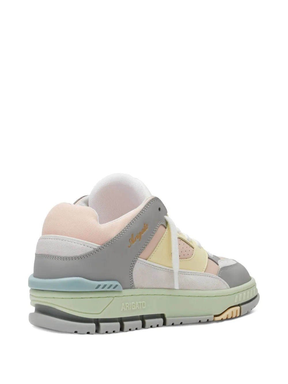 Beige and gray low-top lace-up sneakers with padded collar and mint sole.
