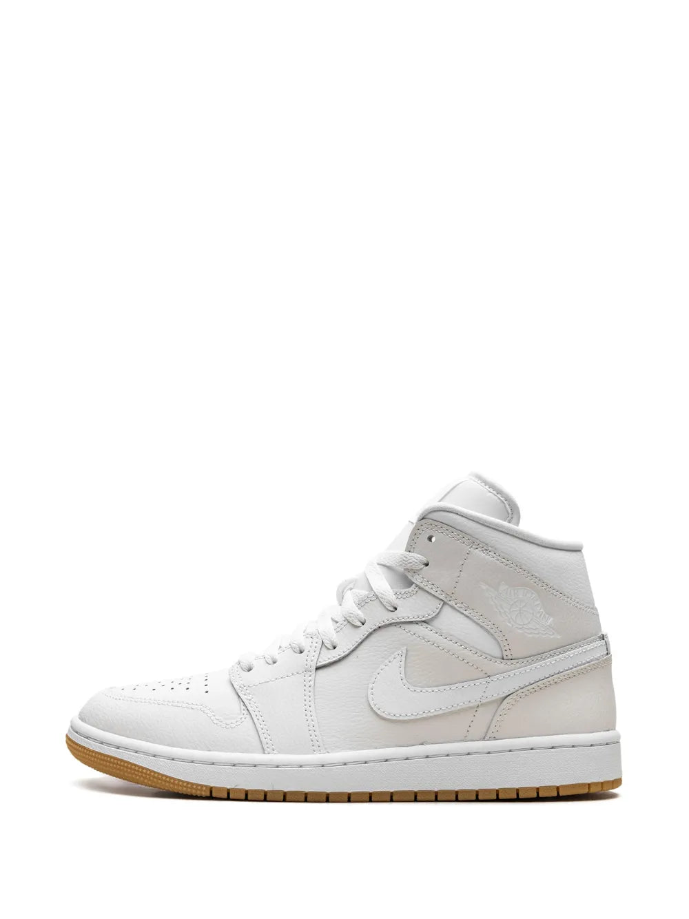 Light brown and white mid-top sneakers, front angle with lace-up and swoosh