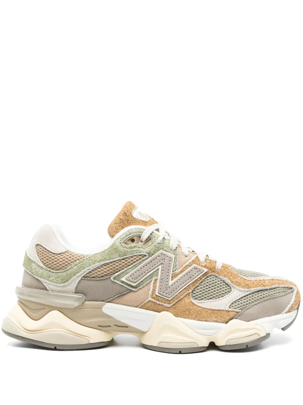 Beige New Balance 9060 sneakers with mesh and suede panels