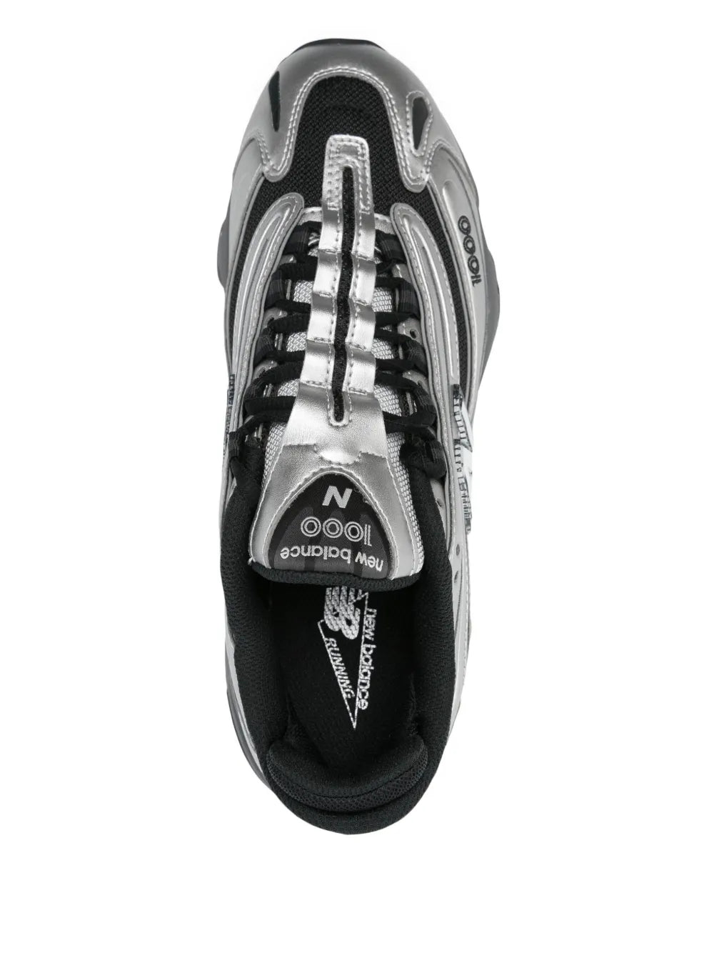 New Balance 1000 sneakers, top-down view: black lining, silver upper, lace-up design.