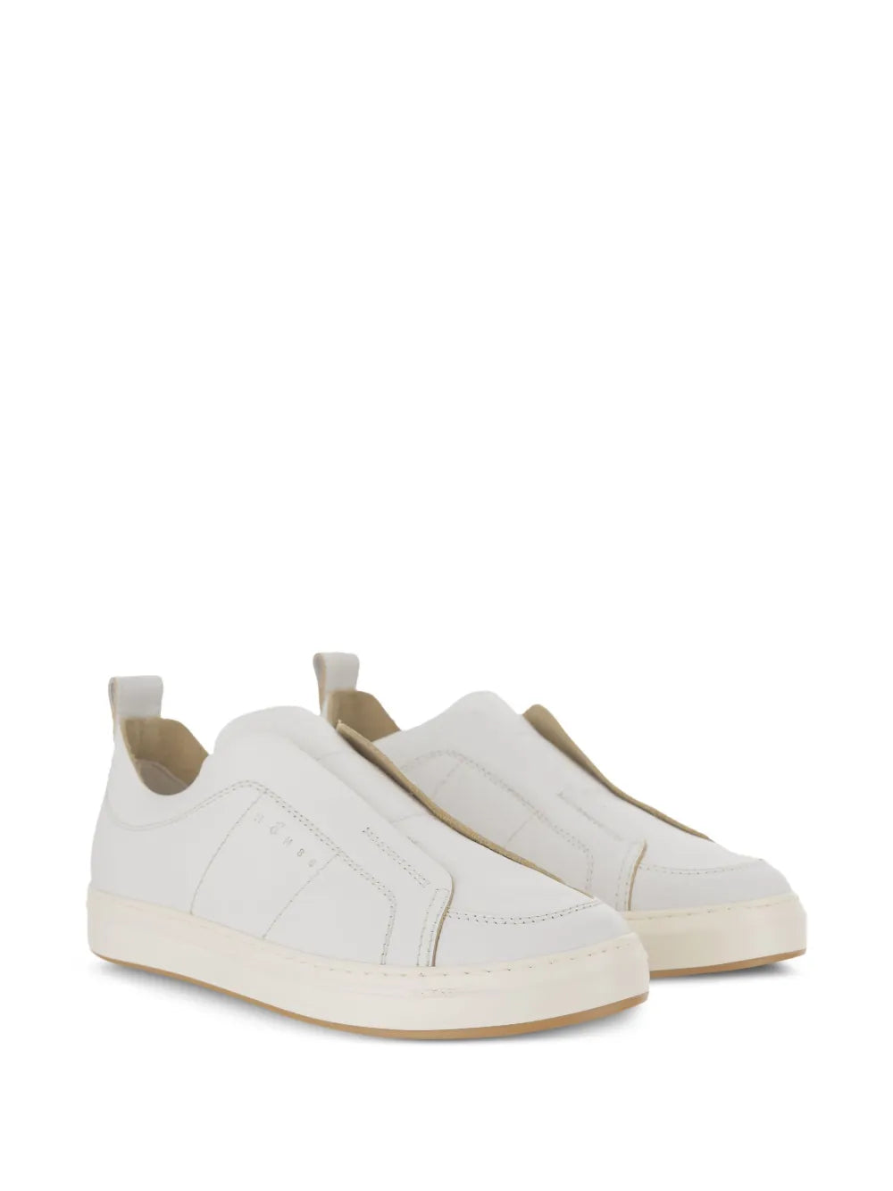 Hogan H-Tv white slip-on sneakers, rear view with heel pull tabs and beige sole