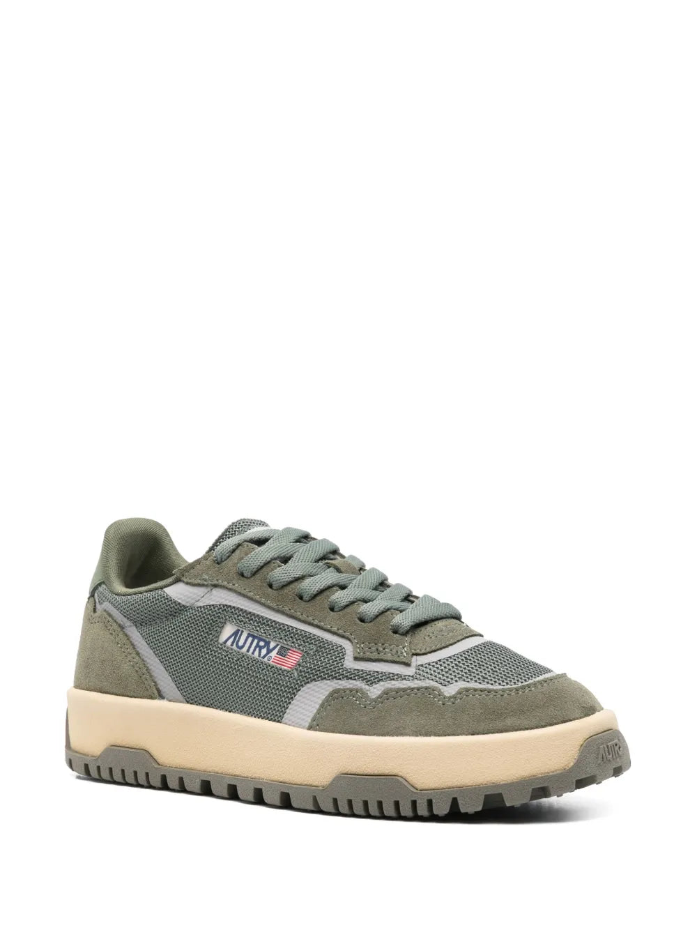 Green-gray lace-up low-top sneaker with logo detail and cream rubber sole