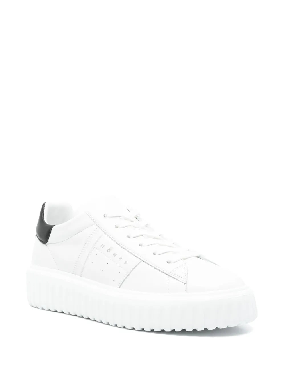 White lace-up Hogan sneakers with black heel tab and H-stripe side panel, platform sole