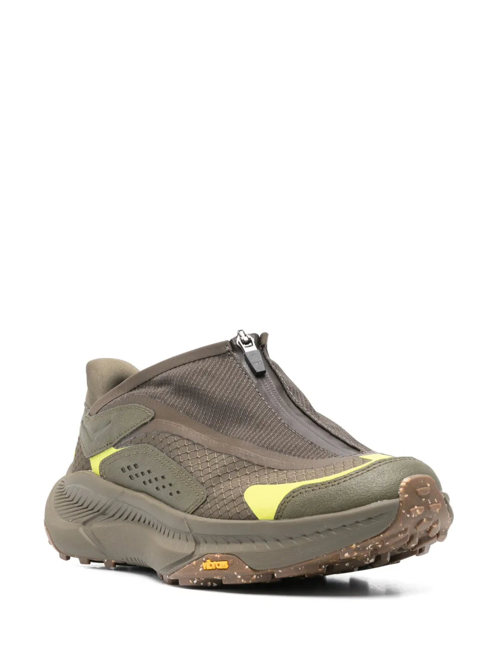 Khaki sport sneaker with side zip, perforated panels, neon yellow heel and trim