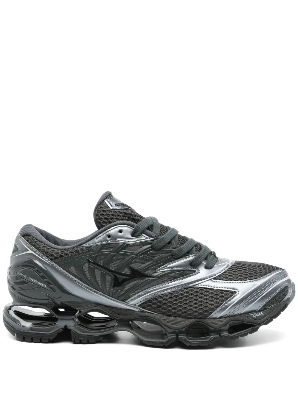 Black and silver lace-up running sneakers with mesh upper and sculpted sole