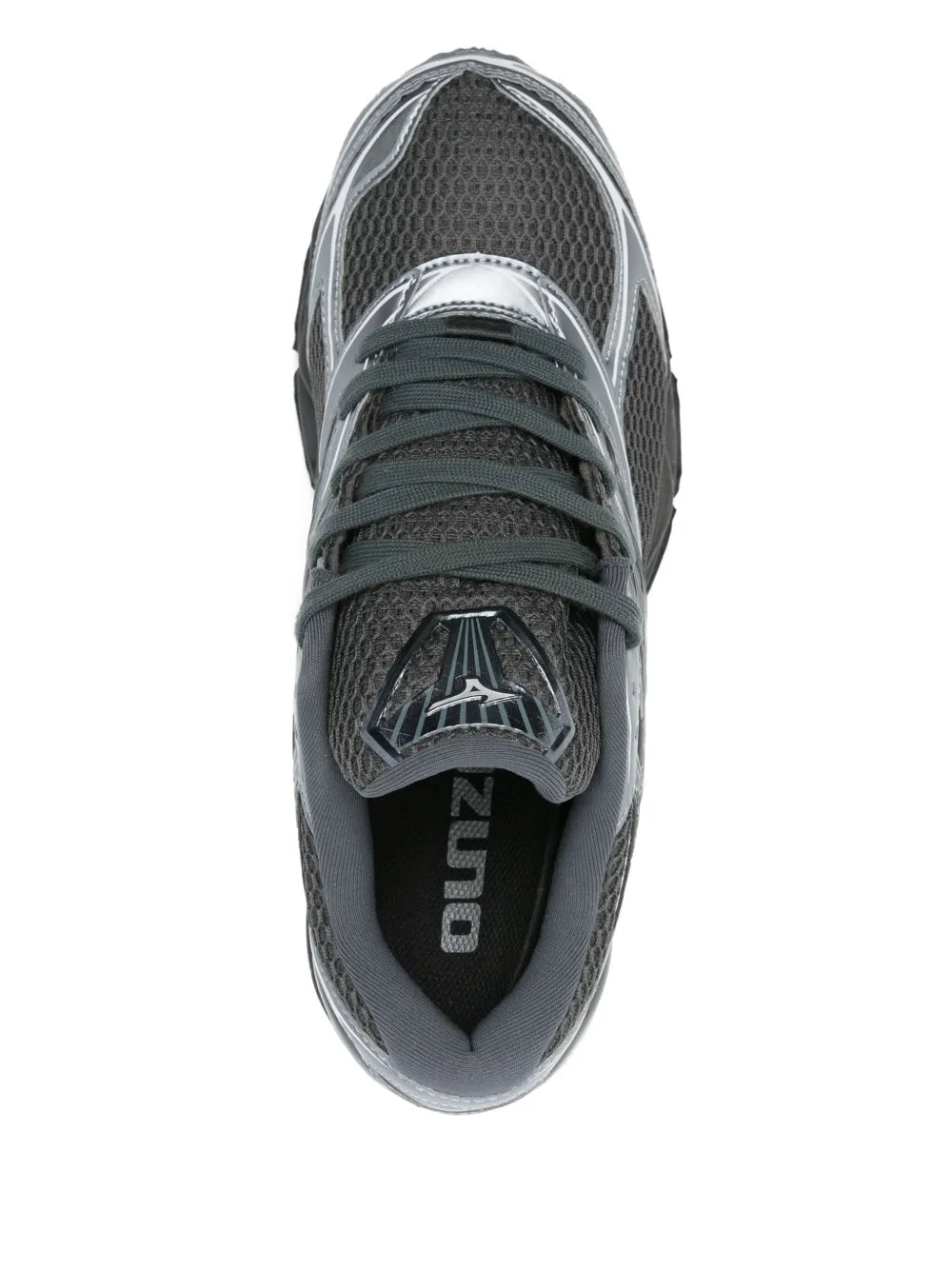 Black and gray mesh lace-up sneakers with silver stripes and padded collar