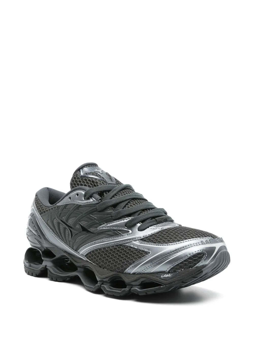 Black and silver lace-up running shoes with cushioned midsole and textured upper