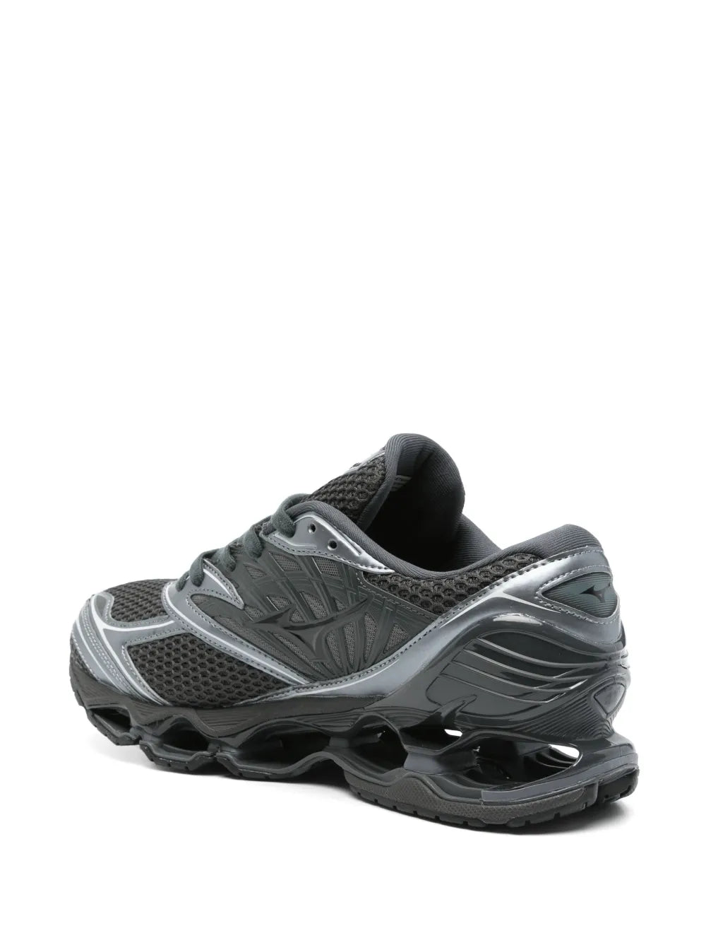 Black and silver lace-up running sneakers with molded heel and grip outsole