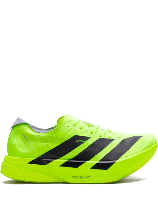 adidas Adizero Adios Pro 4 running shoes in neon lime with black 3-stripe design