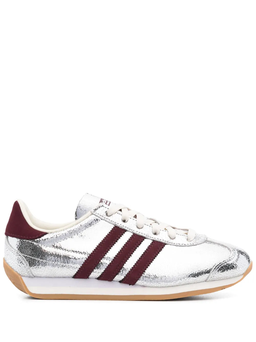 adidas Country OG women's metallic silver sneaker with burgundy stripes and gum sole