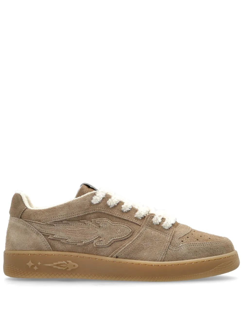 Light brown suede low-top sneakers with faux-shearling collar and lace-up closure