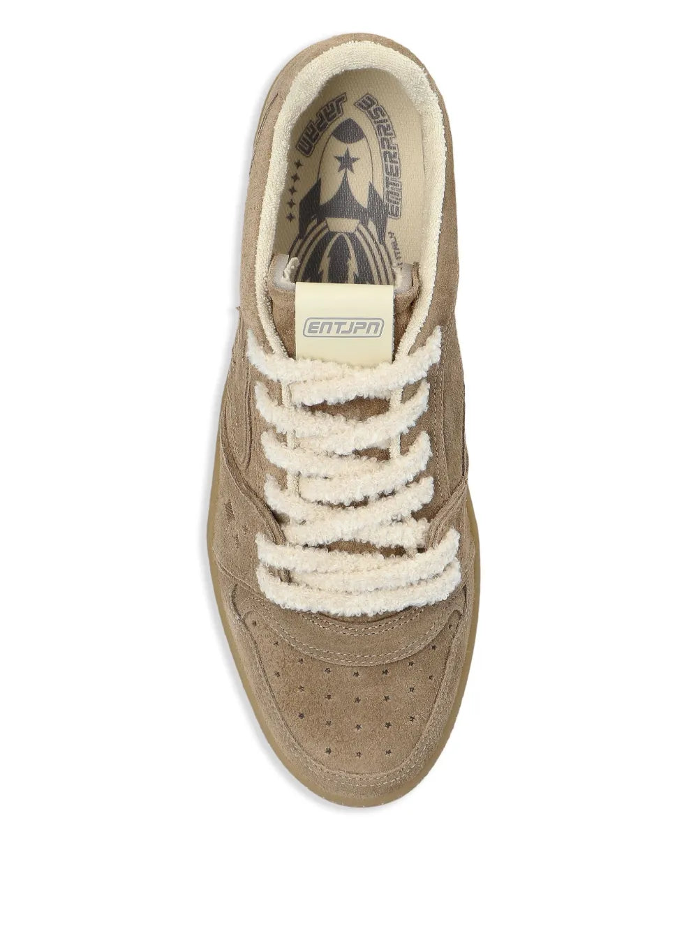 Light brown suede sneakers, top view, with embroidered logo and lace-up