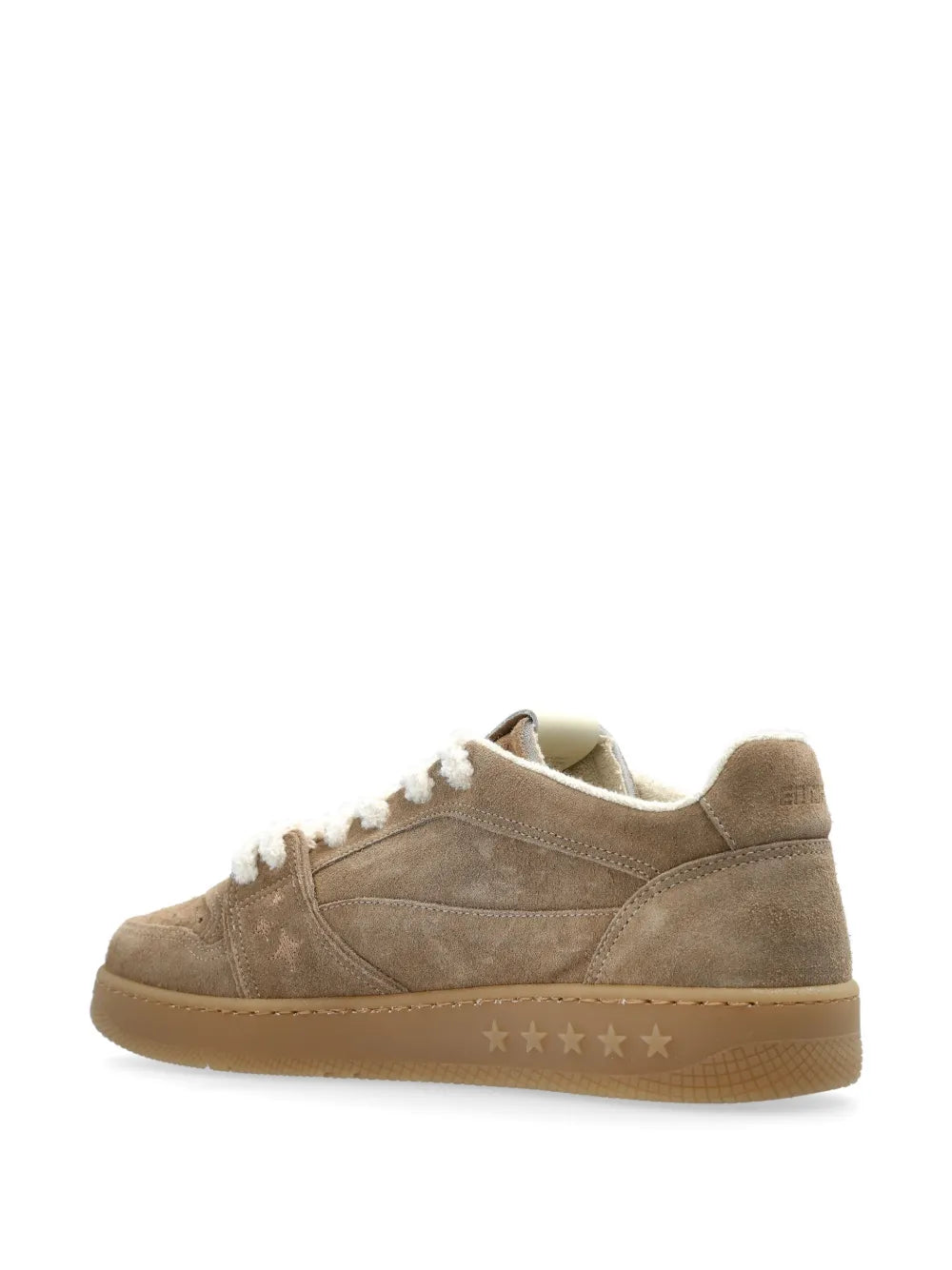 Light brown suede low-top sneakers with star-print rubber outsole and sherpa collar