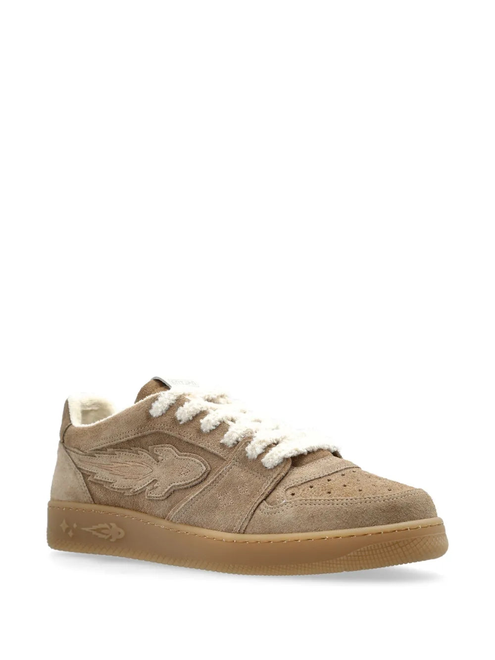 Light brown lace-up sneakers with faux-shearling lining and rubber cupsole