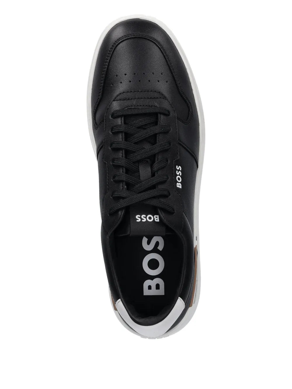 Black leather lace-up sneaker with BOSS logo on tongue and white-trim sole