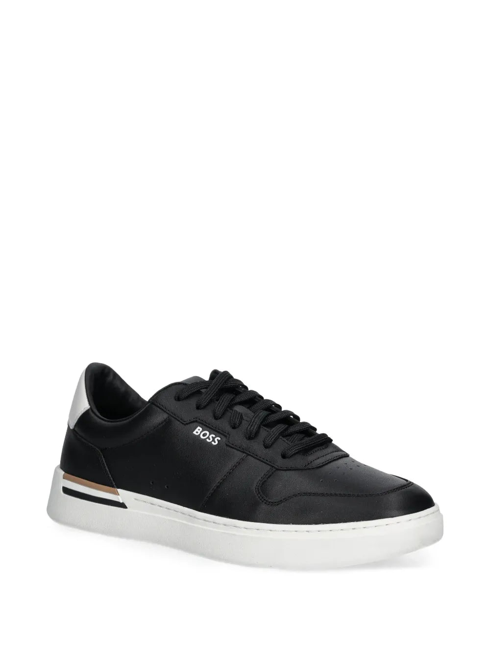 Black leather low-top sneakers, side profile with BOSS logo and white sole