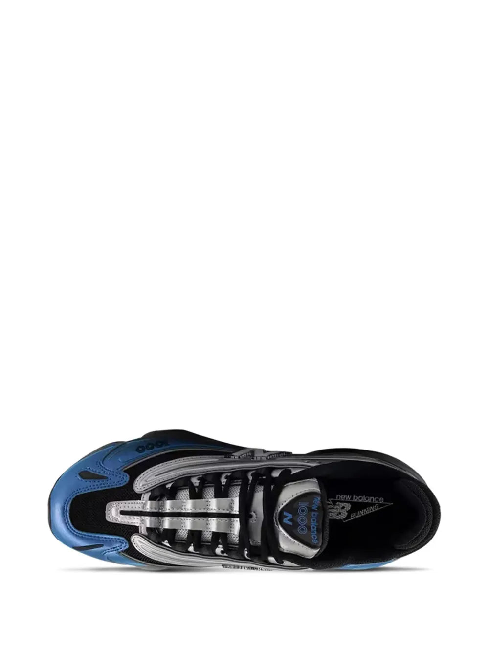 New Balance M1000 blue sneakers with mesh tongue, black laces, and padded collar