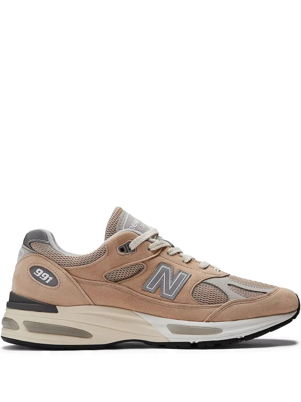 New Balance 991V2 lace-up sneakers, pink-brown suede with grey accents