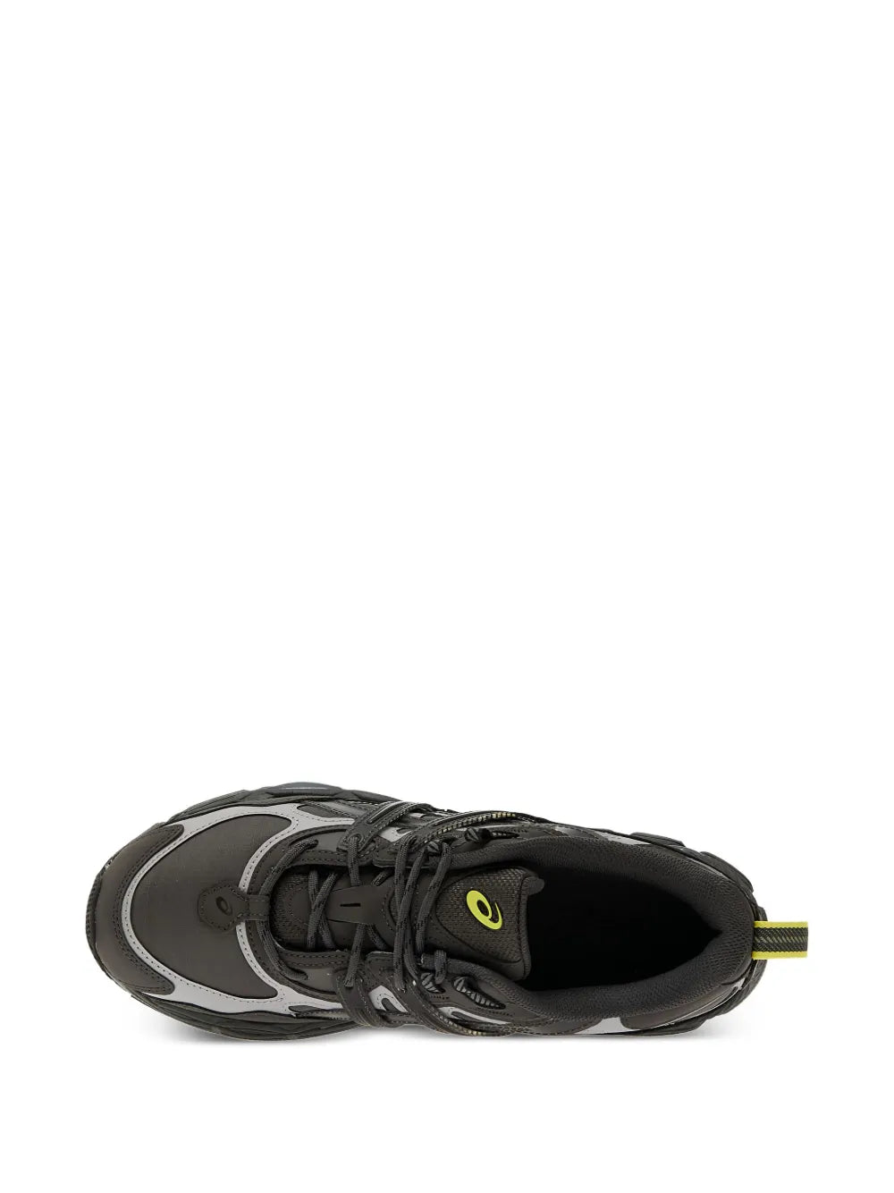 Black and gray low-top sneakers with lace-up closure and neon yellow lace tag