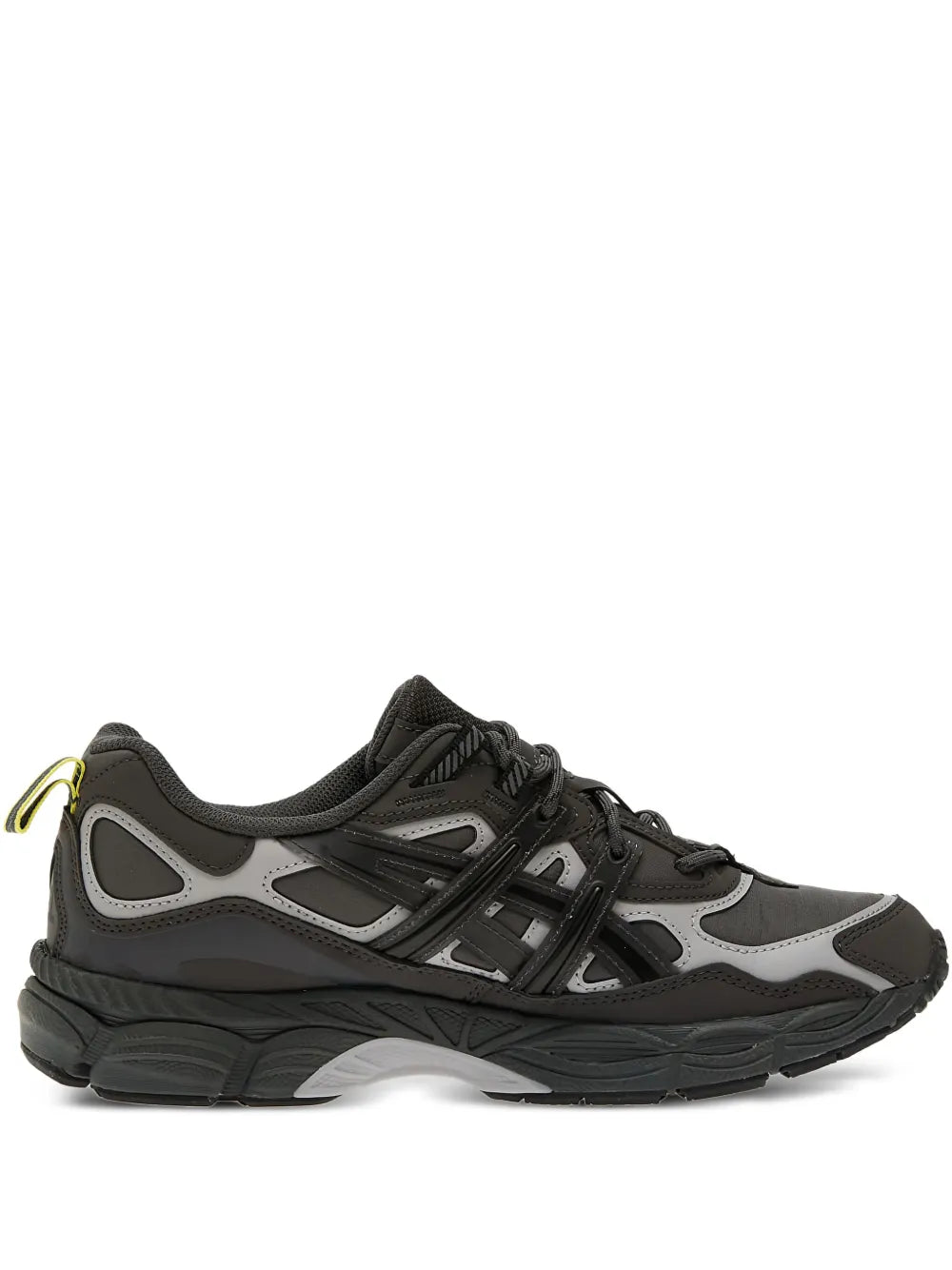 Black and gray running sneakers with lace-up design and GEL-style side panels