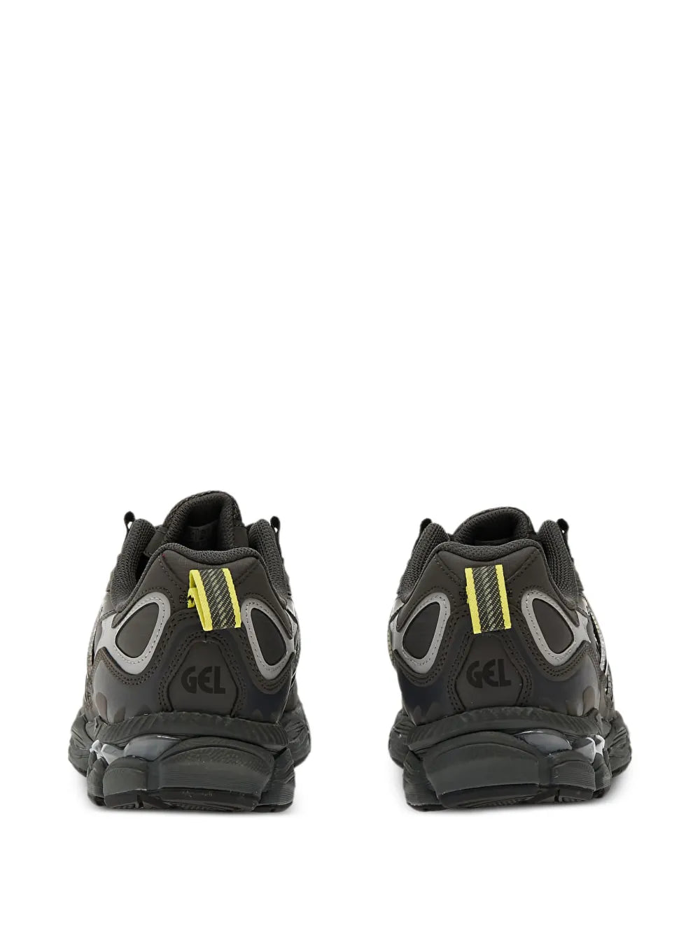Rear view of black and gray sneakers with GEL logo and neon yellow heel accent