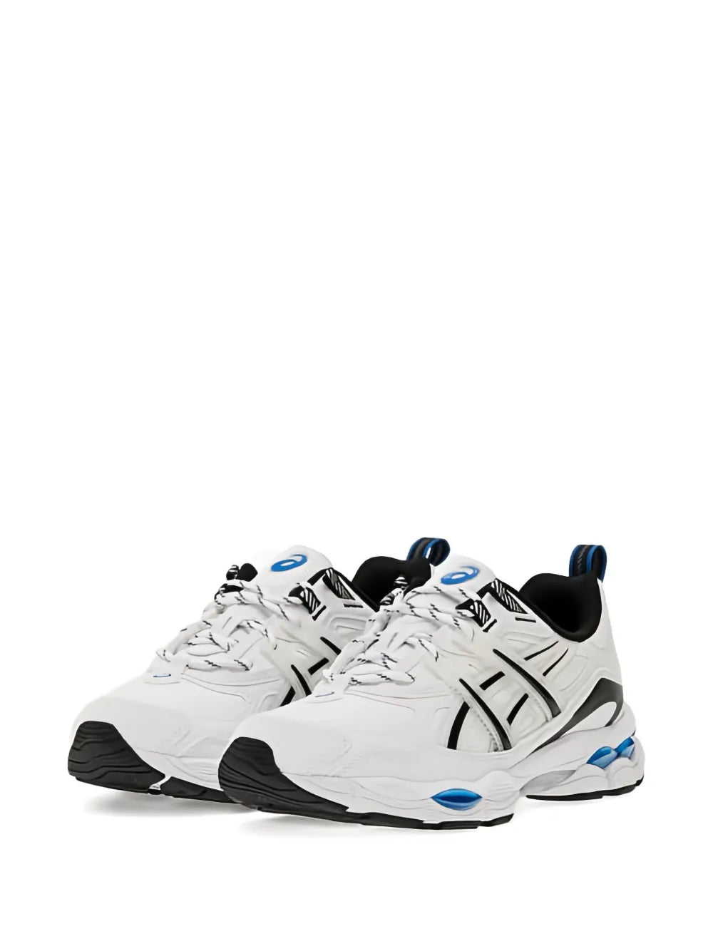 Pair of white lace-up mesh-detail sneakers with black overlays and blue sole accents