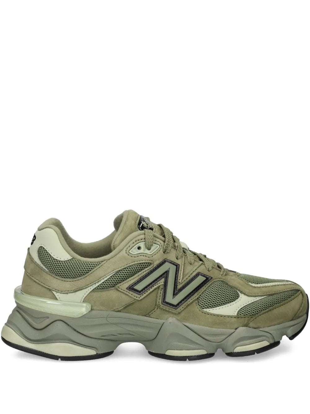 New Balance 9060 green lace-up sneakers, mesh and suede, N logo, chunky sole