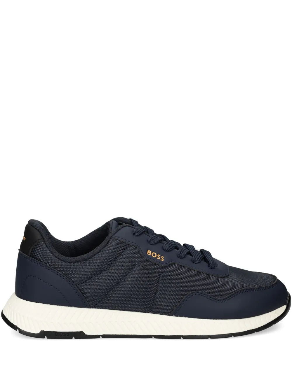 Navy lace-up sneakers with BOSS logo, padded collar, and white rubber sole