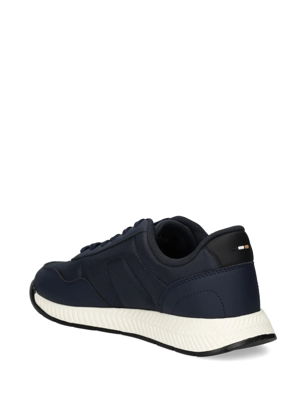 Navy lace-up sneakers with rear logo badge and white foam sole