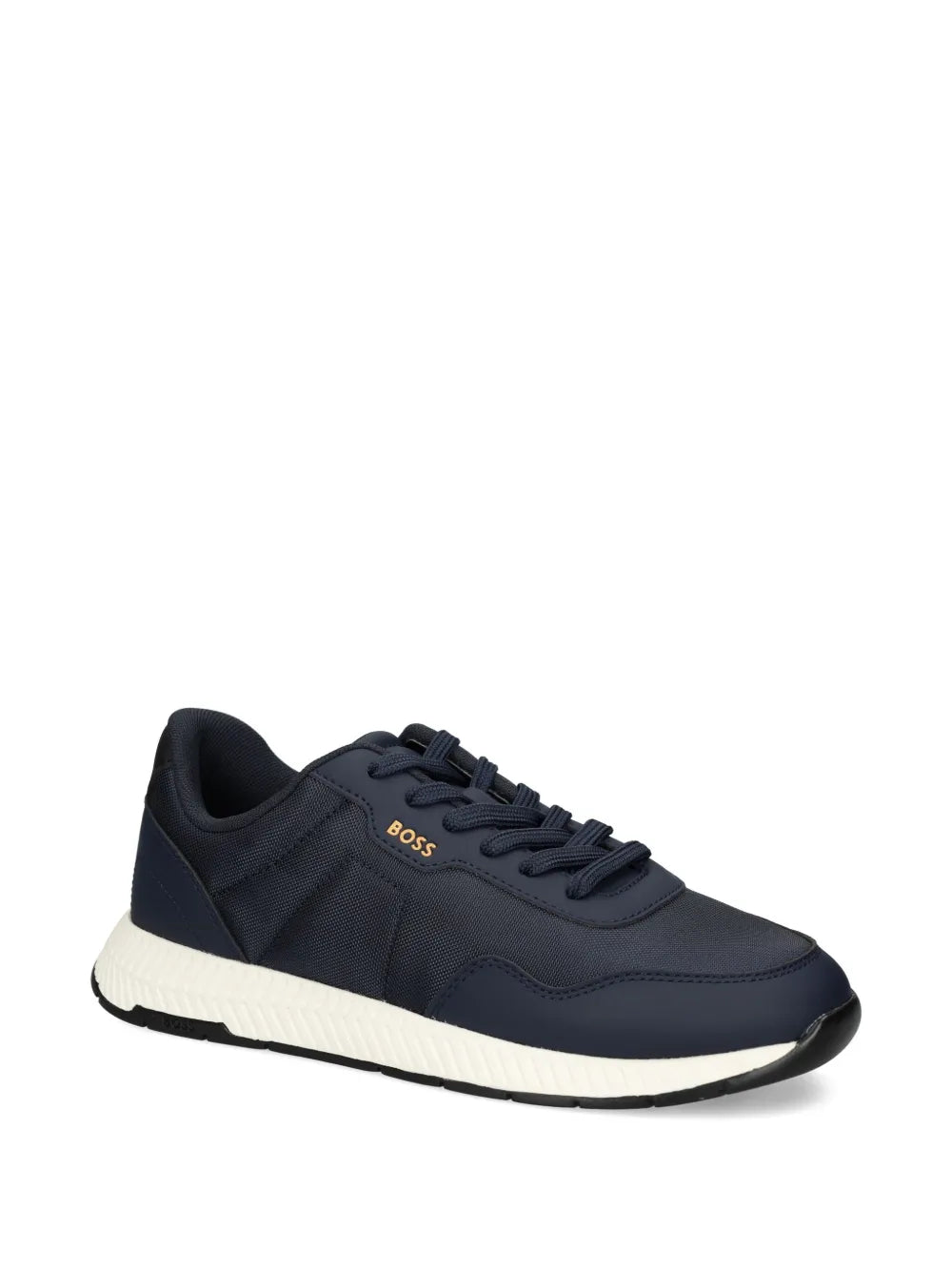 Navy lace-up sneakers with BOSS logo on tongue and white midsole