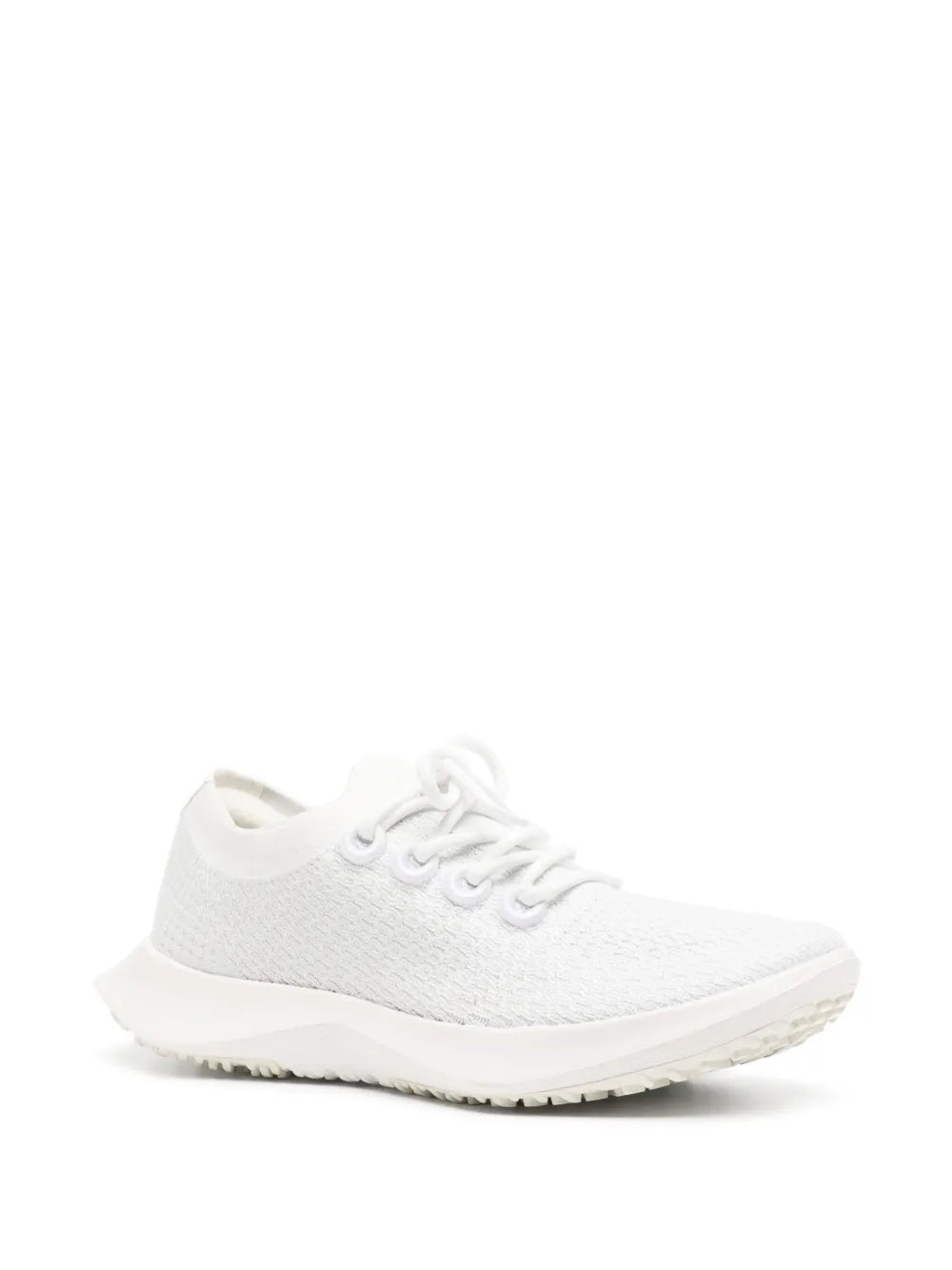 White knit lace-up sneakers with textured upper and curved toe