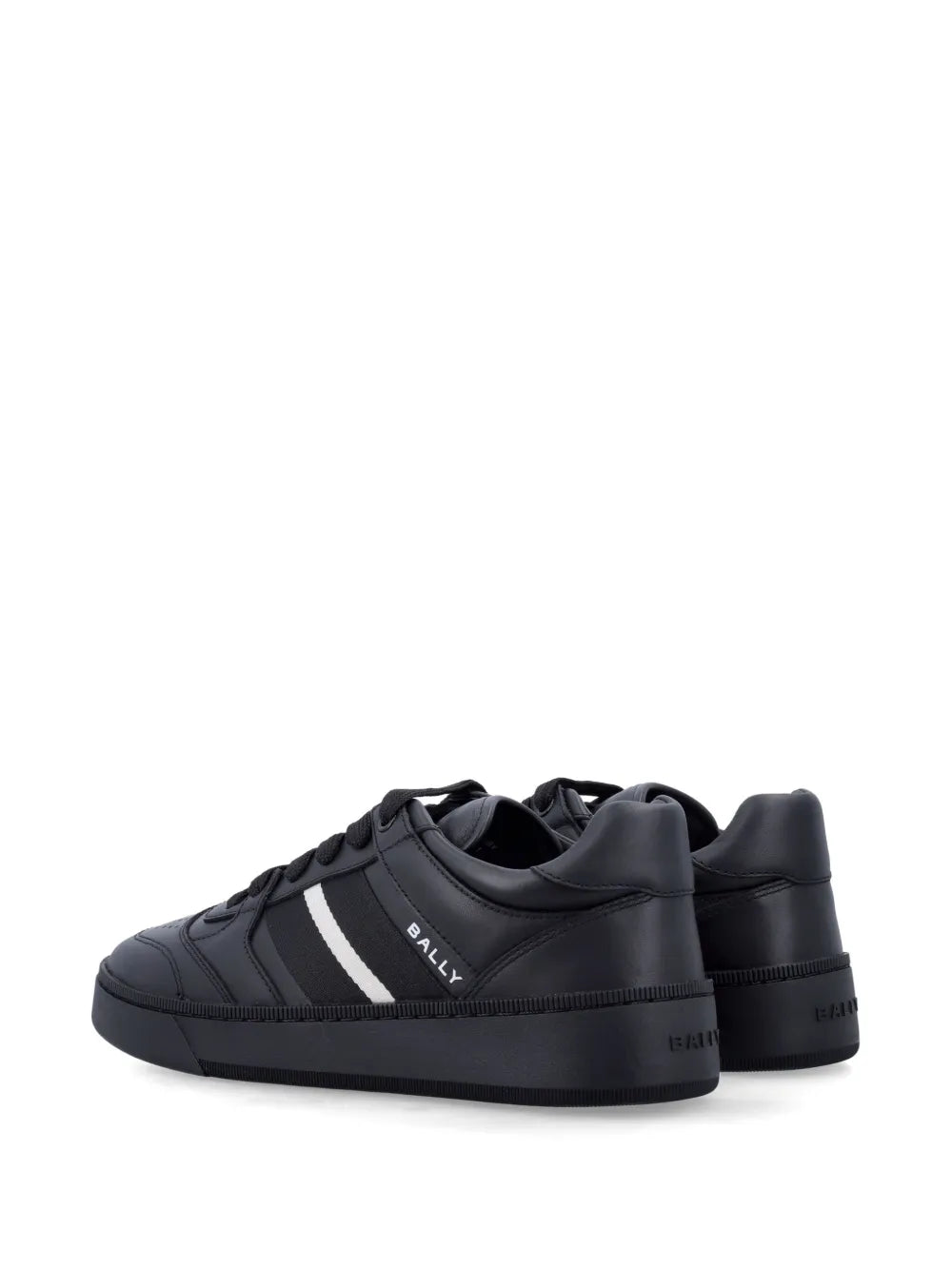 Black sneakers with white side stripe, lace-up, Bally branding on heel.