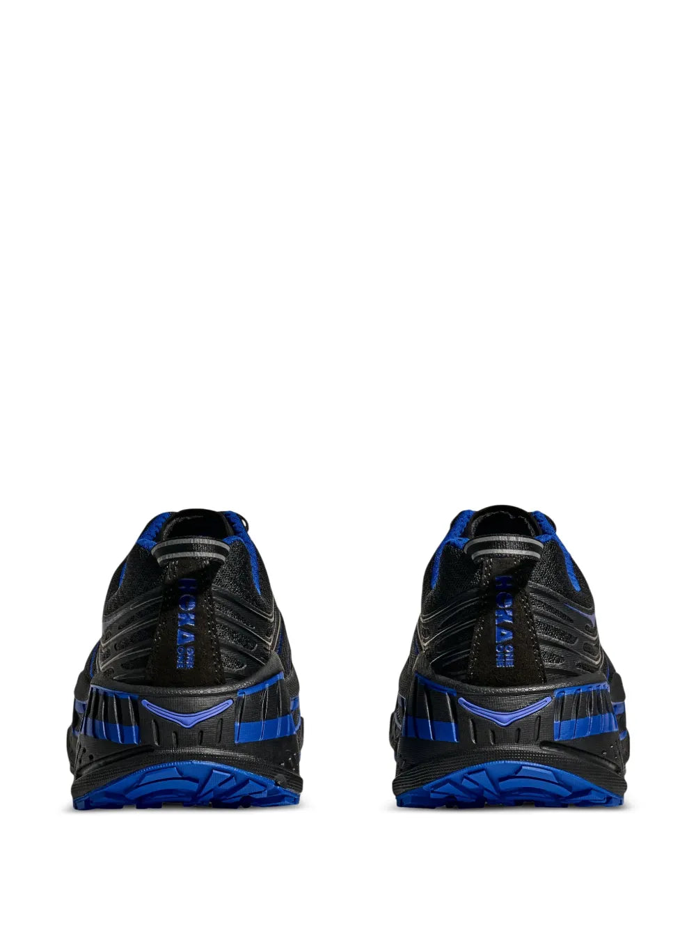 Pair of black running sneakers with blue trim, rear lace-up view