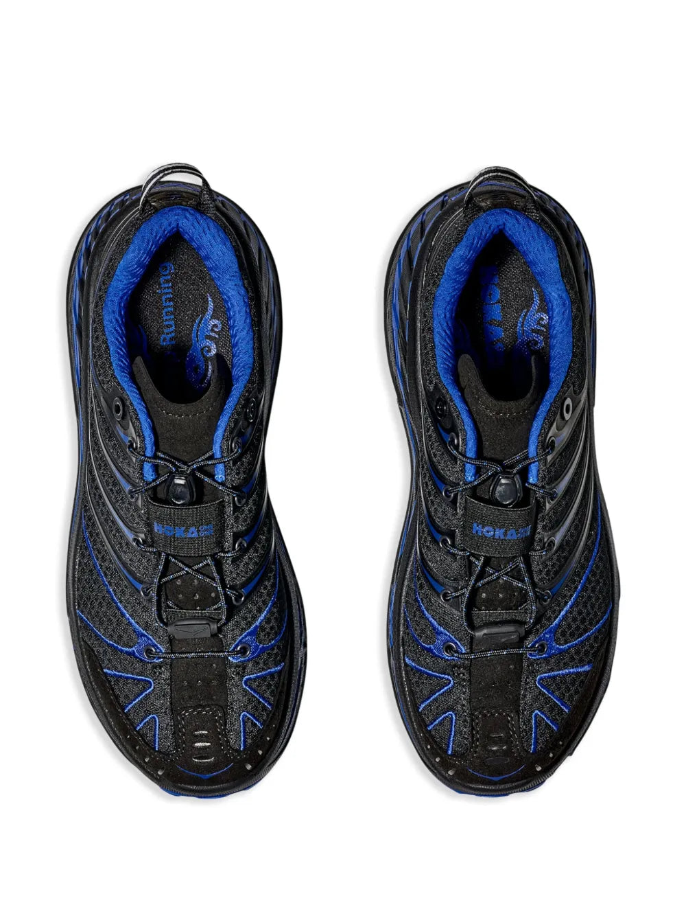 Black running sneakers with blue interior lining and lace-up front detail