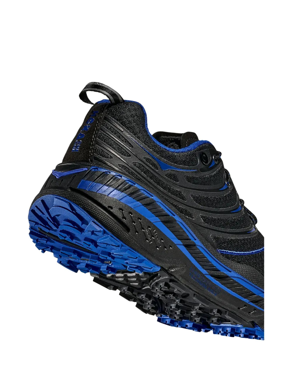 Black running sneakers with blue striped panels and rugged blue outsole