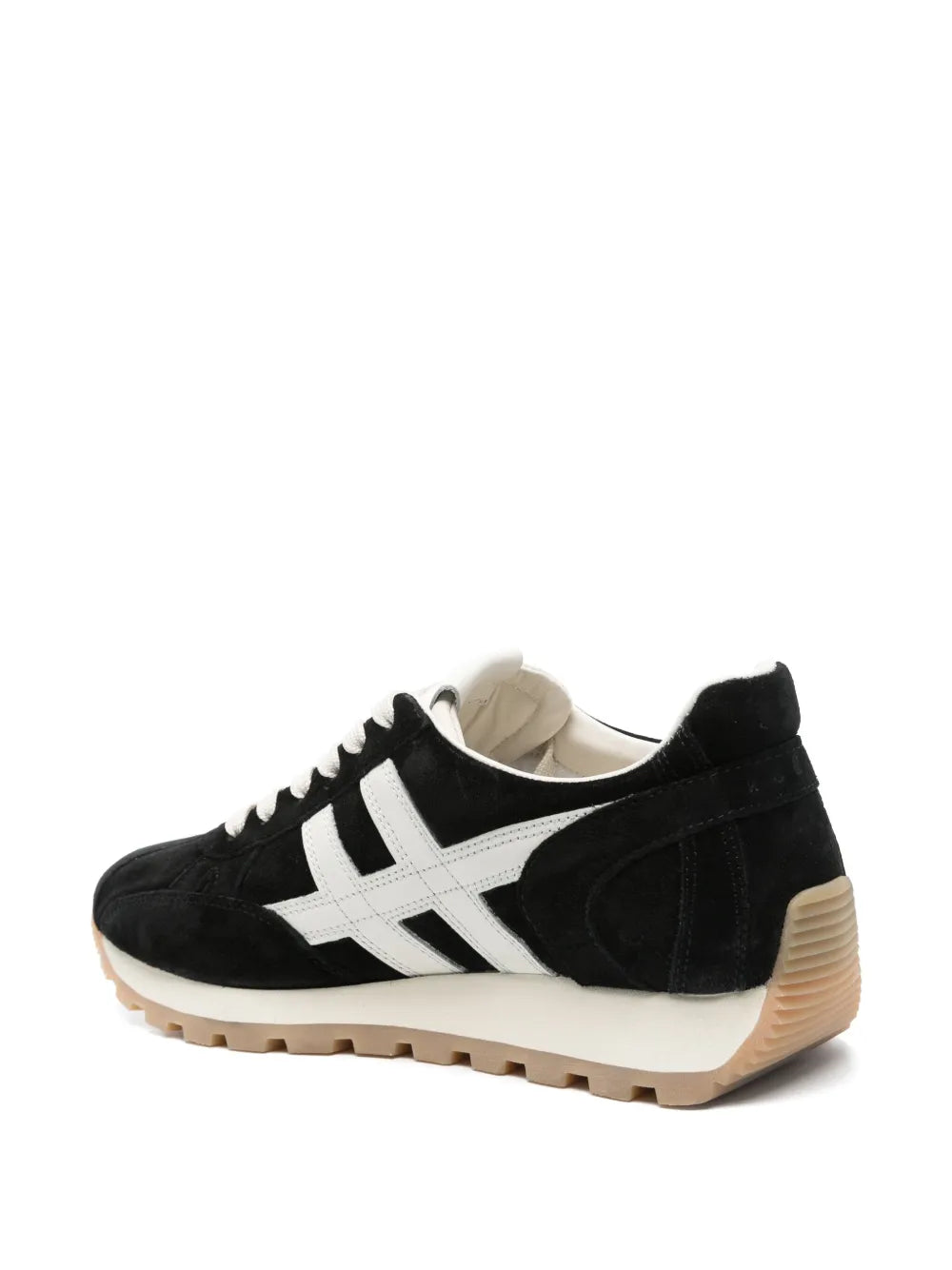 Hogan H671 black suede sneakers, angled side view, white logo stripes and thick sole