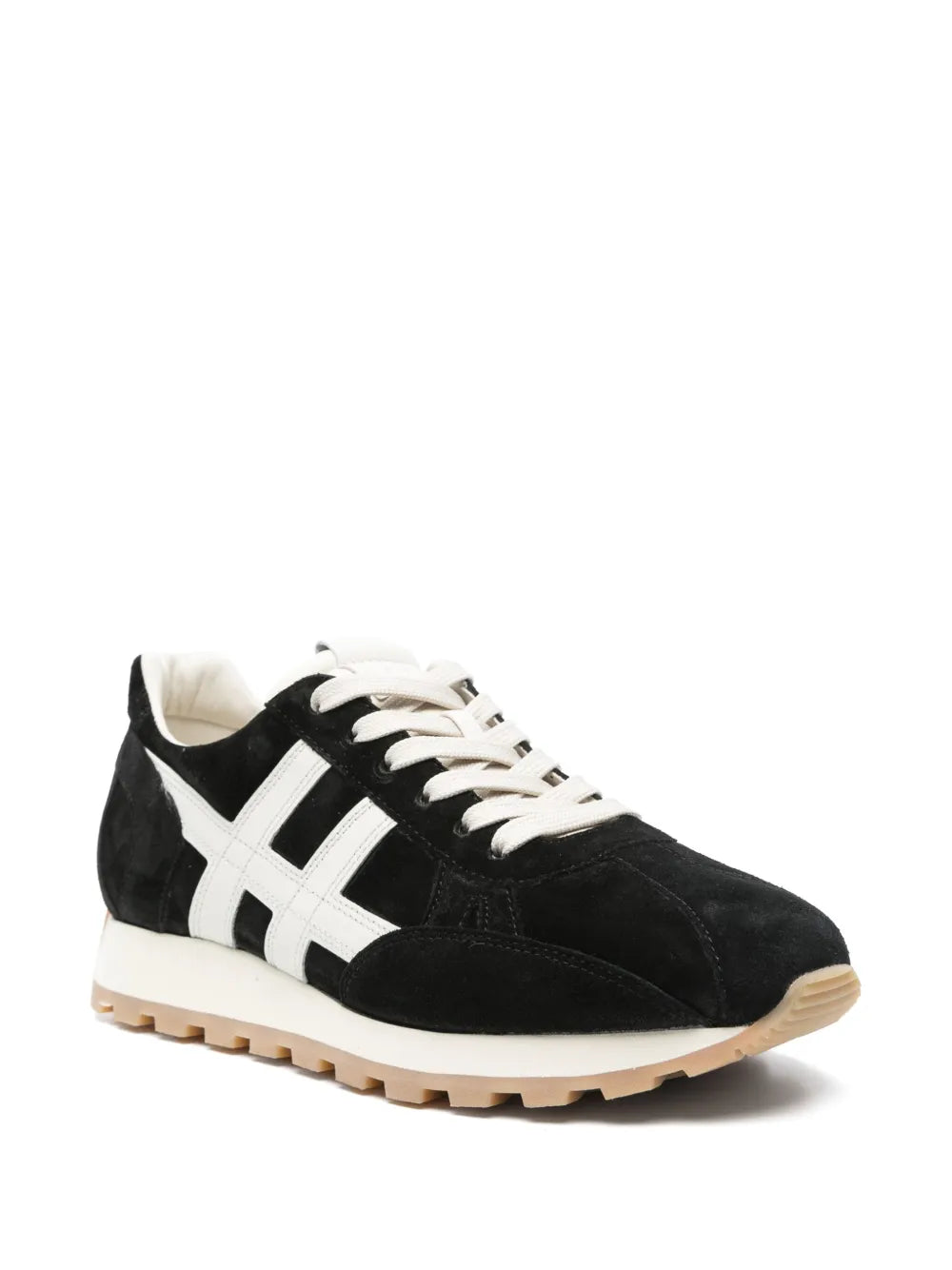 Hogan H671 black suede sneakers, side view, white logo stripes and lace-up
