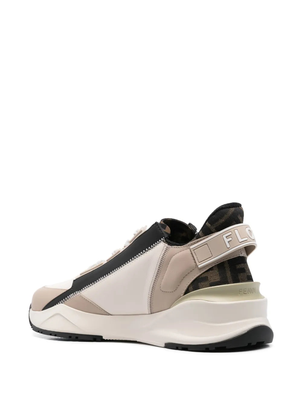 Beige Fendi Flow sneakers heel side view with FF monogram panel and zipper