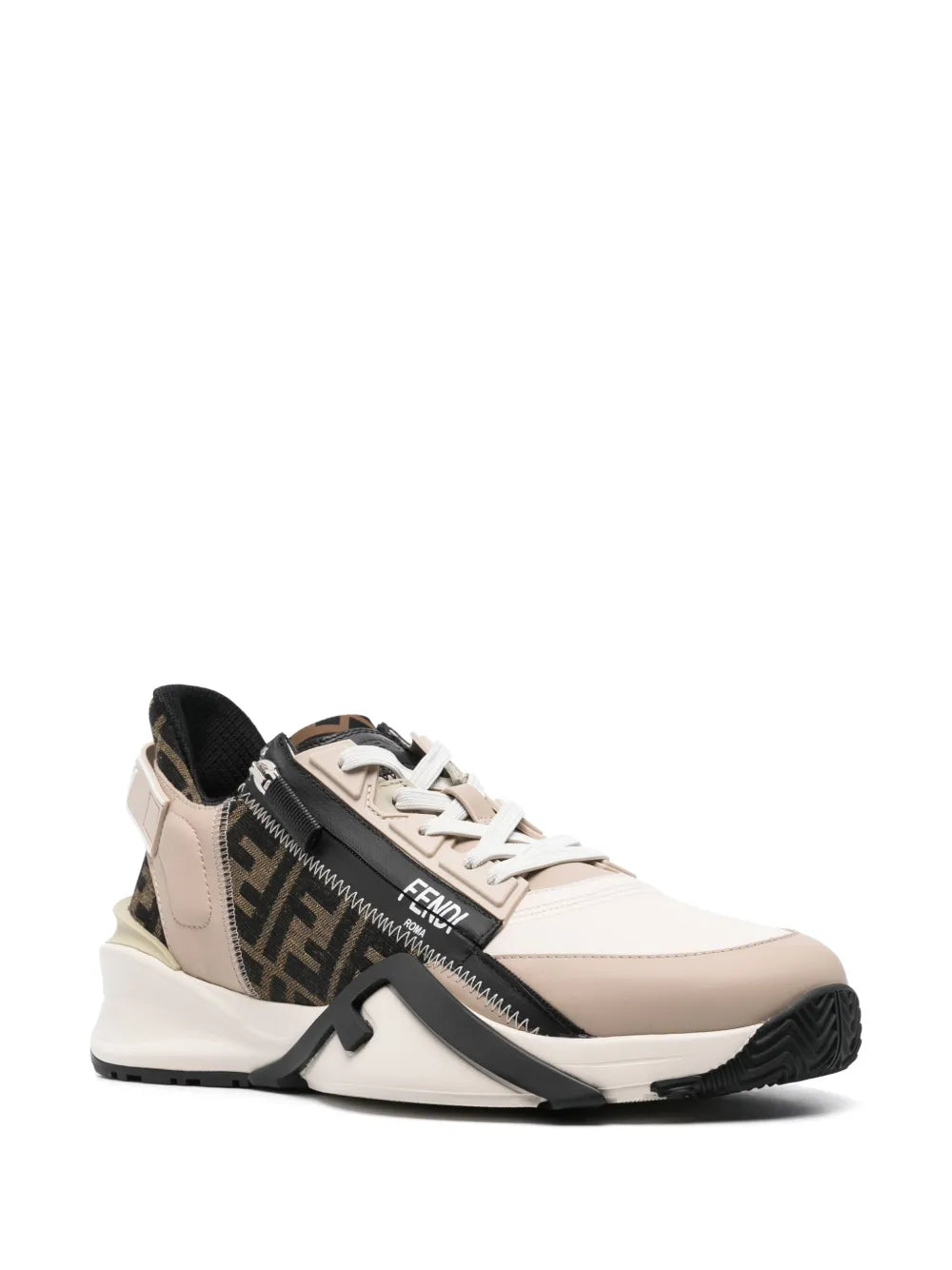 Beige and black Fendi Flow low-top sneakers, side view with logo strap